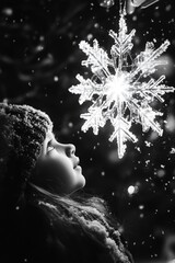 Wall Mural - girl examining snowflake