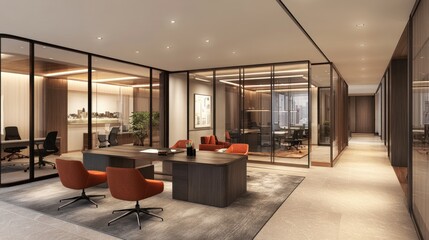 Aufkleber - Contemporary office interior showcases glass walled rooms and stylish furniture