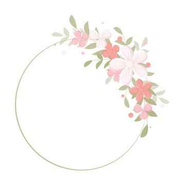 Vector floral wreath with pink flowers and green leaves. Floral circle frame. Greeting or invitation card design