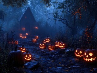 Poster - Carved pumpkins on forest floor