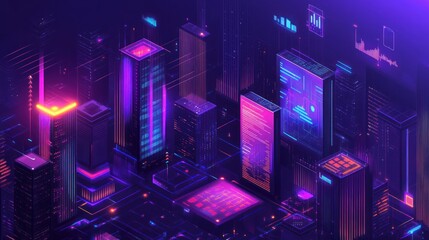Poster - Futuristic digital city with interconnected networks and neon lighting