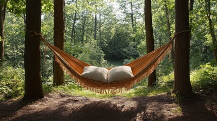 Aufkleber - Hammock with pillows hangs between trees in a forest