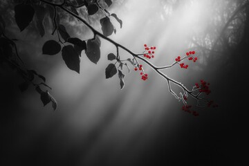 Canvas Print - Black and White Branch with Red Berries