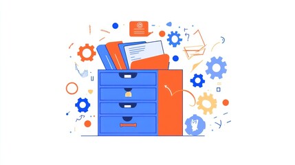 Aufkleber - Colorful file cabinet with documents and gears, representing organized work or project management