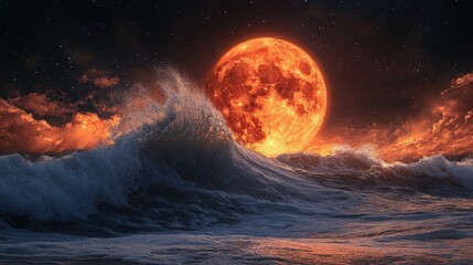 Wall Mural - Orange Moon Ring over Ocean