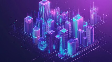Poster - Isometric futuristic cityscape with glowing neon accents and connections