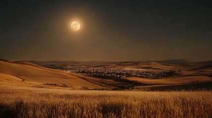 Sticker - Moonlit Village nestled in golden rolling hills