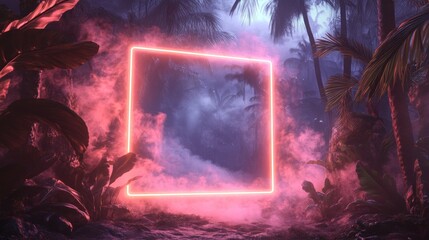 Wall Mural - Neon square glows amidst a surreal and dreamy tropical forest