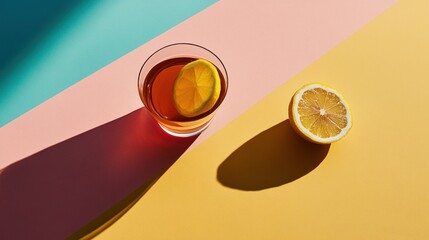 Poster - Stylish cocktail with lemon and vibrant color block background