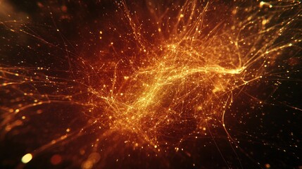 Poster - A complex network of glowing golden threads and particles