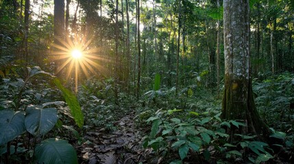 Canvas Print - Sunlight streams through a lush green forest canopy scene