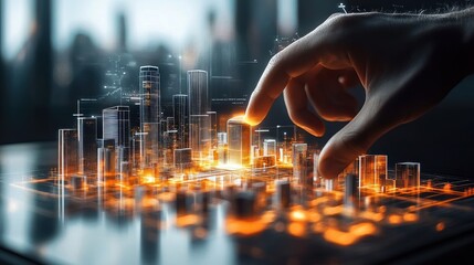 Poster - Digital hand manipulates a futuristic glowing city model