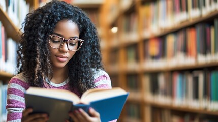 Aufkleber - Young black student reading textbook in library