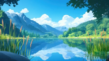 Canvas Print - Serene lake scene reflecting mountains clouds and surrounding greenery