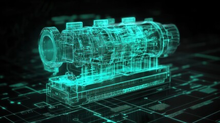 Poster - Digital rendering of an engine displayed as a wireframe model