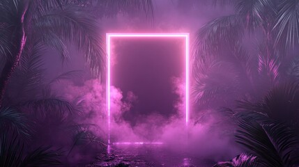 Poster - Glowing neon square in a hazy tropical palm tree environment