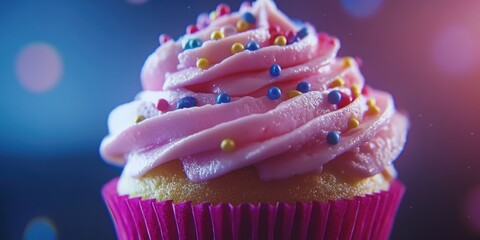 Wall Mural - Pink frosted cupcake with sprinkles