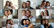 © fizkes - Multiple videos, collage of loving families with children sit on couch at home smile look at camera. Portrait of video call event participants, application usage, family day celebration, ties and bond