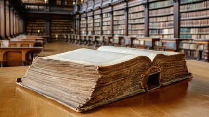 Poster - Ancient Book Open in Grand Library Setting