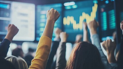 Poster - Dynamic closeup of business professionals cheering as stock prices surge on large transparent glass screens displaying an upward-trending financial chart in a modern stock market office




