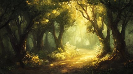 Poster - Light shines through trees along a path in a forest