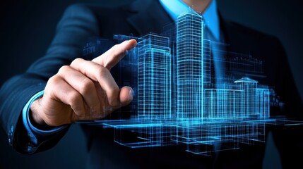 Poster - Businessman touches hologram cityscape representing innovative architectural designs