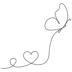 Poster - Cute butterfly insect with curve line and heart shape. Butterfly flying continuous line art drawing. Vector illustration isolated on white.