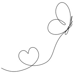 Poster - Cute butterfly insect with curve line and heart shape. Butterfly flying continuous line art drawing. Vector illustration isolated on white.