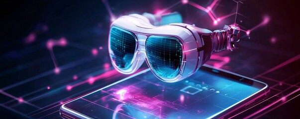 Poster - Vr headset floating over futuristic smartphone with glowing network connections