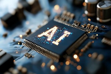 Poster - The concept of electronic and technology is showcased through a 3D render of AI stock technology, including a CPU, central processor unit, and chipset on a printed circuit board, with a selective