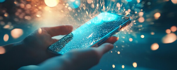 Leinwandbilder - Hands holding smartphone with exploding light particles effect