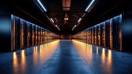 Poster - a modern telecommunications facility is showcased with numerous rows of fully operational server rac