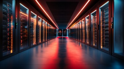 Poster - the image features a modern data center with multiple rows of operational server racks, exemplifying