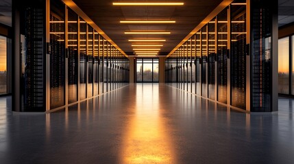 Poster - a modern data center is showcased with numerous rows of fully functional server racks, highlighting 