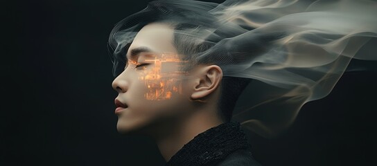 Poster - The concept of a businessman and AI robot technology in the digital world is intertwined with business finance investment and big data technology, set against a cyber space digital world metaverse
