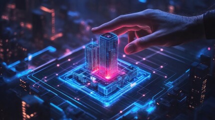 Poster - Hand interacting with glowing digital buildings on futuristic platform
