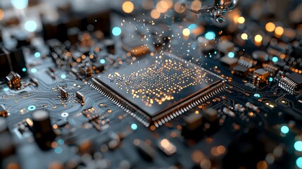 Poster - The Automatic Pick and Place machine efficiently installs components on a generic circuit board, a key aspect of electronics and circuit board manufacturing, set against a bright backdrop