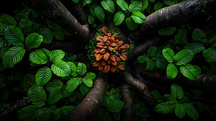 Rainforest tree roots, vibrant foliage, overhead view, nature background, botanical illustration