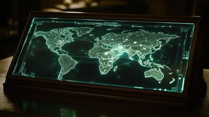 Poster - World map display shows bright cities with connecting network lines