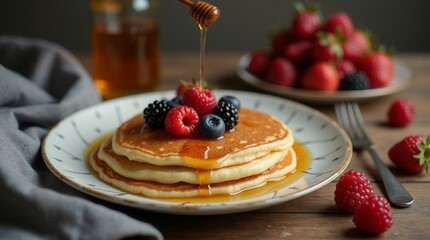 Wall Mural - A stack of pancakes with syrup and berries on top. The plate is on a wooden table. The pancakes are piled high and the syrup is dripping down. The berries are scattered around the plate