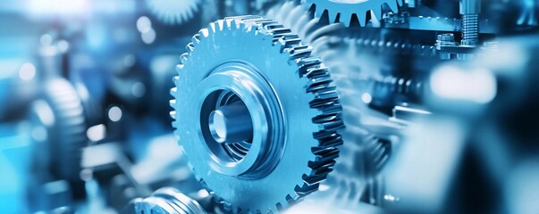Poster - Complex mechanism with shiny metallic cogwheels is being assembled