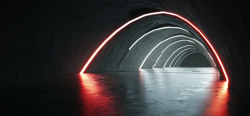 Poster - A futuristic alien spaceship features a podium, tunnel, corridor, room, and stage with glowing red laser lights, walls, floor, cables, devices, and empty space in a showcase garage, presented as a 3D