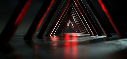 Poster - The 3D rendering of a sci-fi alien spaceship includes a podium, tunnel, corridor, room, and stage, all illuminated by glowing red laser lights and filled with cables, devices, and empty space, set in