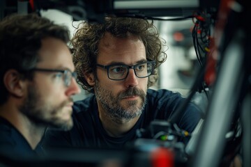 Poster - The mechanical engineering team is conducting research and development in a robotic technology laboratory for automation and robotics in manufacturing