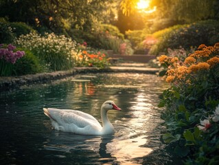 Canvas Print - White Swan Swimming Pond Flowers