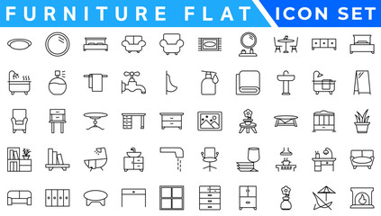 Poster - Furniture flat line icons set. Kitchen, bedroom, sofa table, bookcase closet, chair, mattress, lamps, ladder vector illustrations.