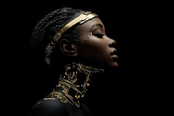 Poster - The invention of a female humanoid robot is showcased in a generative AI collage with a dark black background