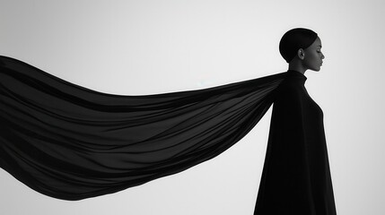 Poster - Dramatic Fashion Portrait of Black Model with Flowing Black Fabric Against White Background