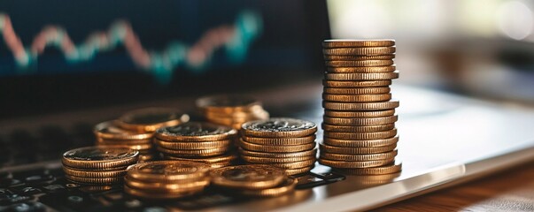 Leinwandbilder - Stacks of golden coins resting on laptop keyboard symbolizing investment growth
