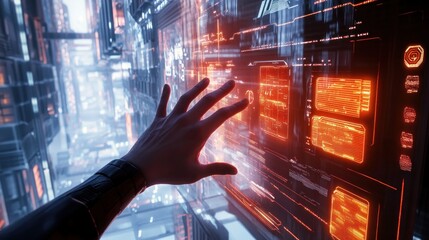 Poster - Human hand interacts with digital interface in futuristic city